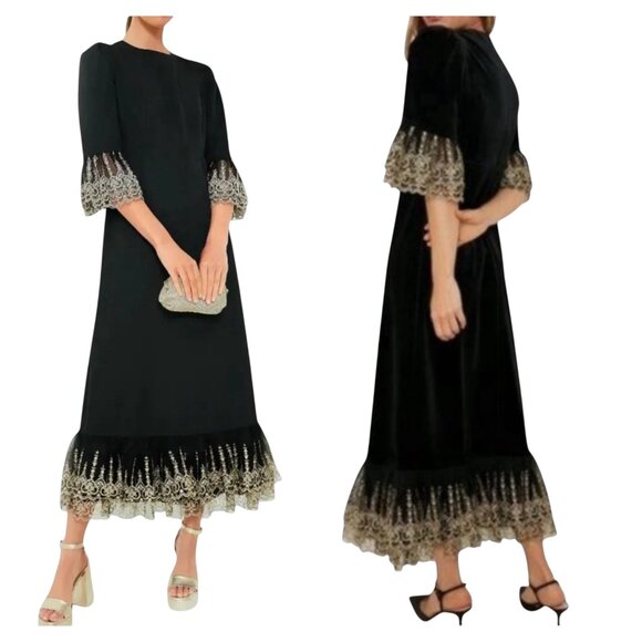 Tuckernuck Pomander Place Black Lillith Dress | Gold Lace Trim | Size Large NWT - Picture 1 of 8